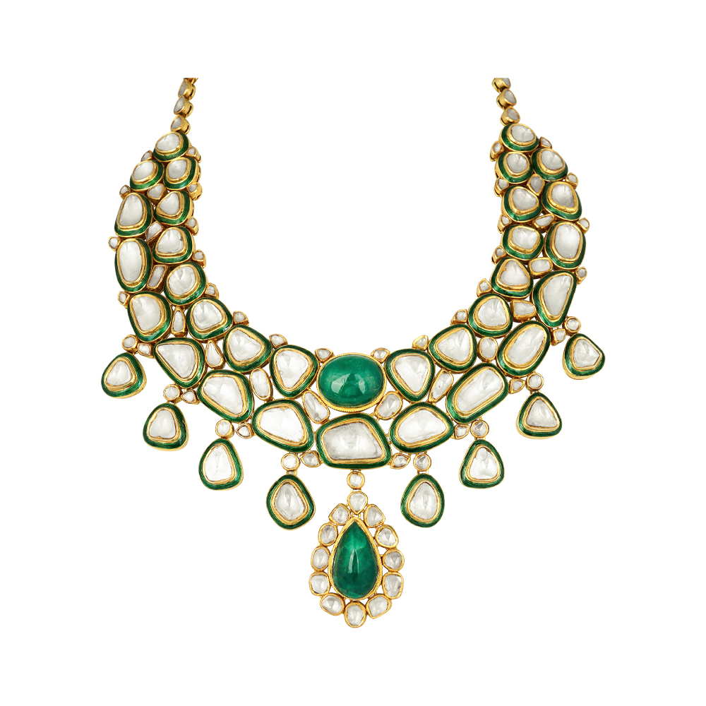 Polki Necklace with Green Meena and Emerald Cabochons